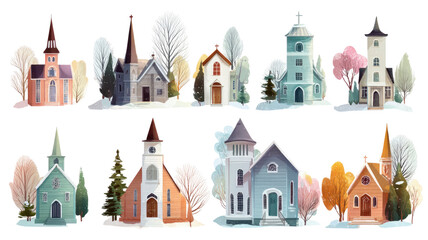 Title: Collection of Diverse Cartoon Churches in Various Designs and Colors Isolated on White Background