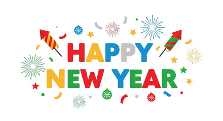 Happy New Year graphic colorful text fireworks ornaments and confetti against a white background