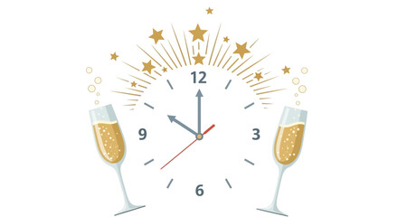 New Years illustration Champagne glasses flank a clock striking midnight adorned with golden starbursts and bubbles