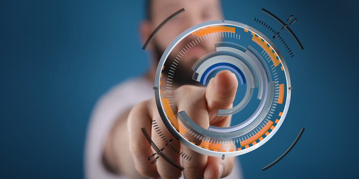 A man's finger touching a digital interface representing modern technology, innovation, and futuristic concepts, a blend of science and business