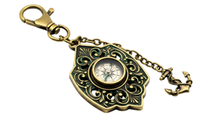 Ornate antique style brass keychain featuring a small directional instrument and nautical charm