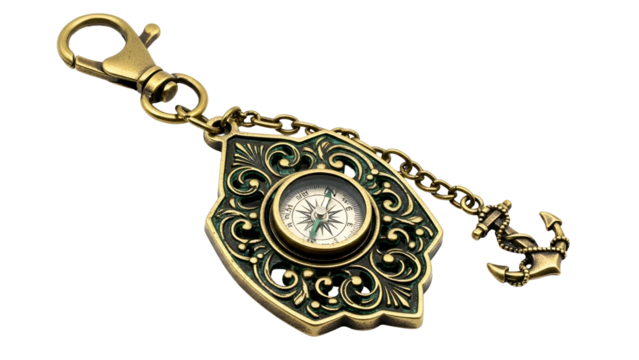 Ornate antique style brass keychain featuring a small directional instrument and nautical charm
