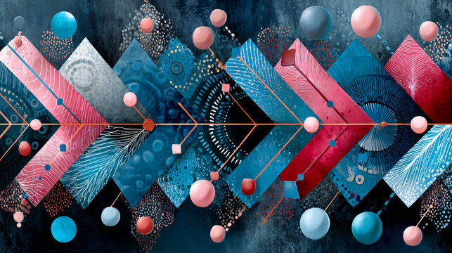 Abstract seamless arrow pattern. chaotic grunge repeated backdrop for boy, sport textile, clothes, wrapping paper. dots elements inside geometric shape. Blue, white and red colors. 