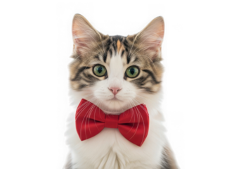 Cute tabby kitten wearing a red bow tie isolated on transparent background