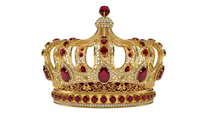 Ornate golden regal headwear embellished with numerous brilliant red gemstones against a dark background