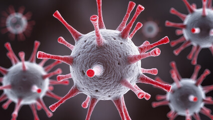 3D virus particle with long pink spike proteins on dark background, scientific macro render of infection, microbiology visualization