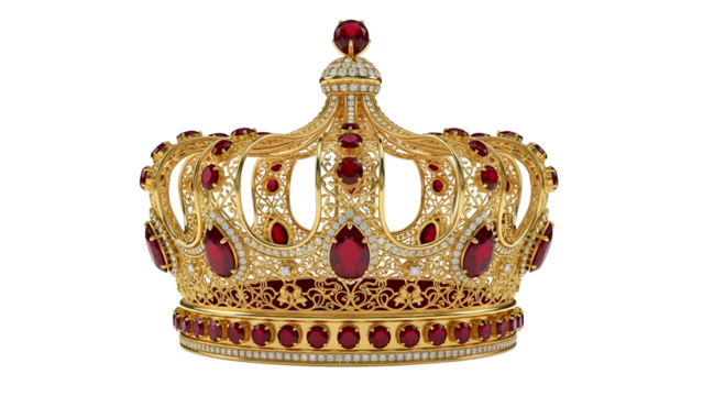 Ornate golden regal headwear embellished with numerous brilliant red gemstones against a dark background - Powered by Adobe
