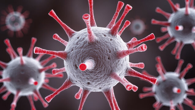 3D virus particle with long pink spike proteins on dark background, scientific macro render of infection, microbiology visualization