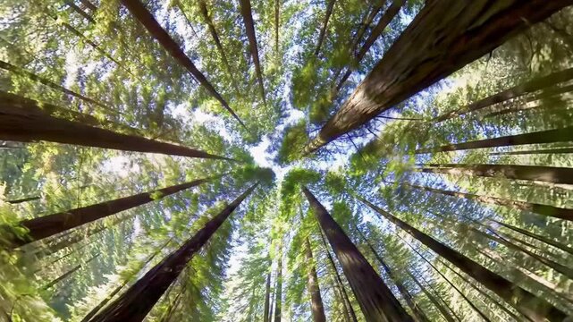 Extreme low angle video, slowly panning up ancient redwood canopy. Golden hour light pierces verdant foliage, creating volumetric rays and cinematic lens flares. Awe-inspiring natural beauty concept