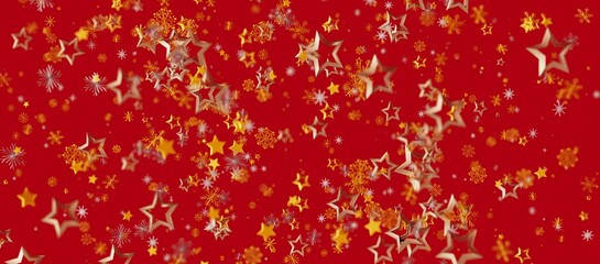 Festive abstract background featuring golden stars and snowflakes on a vibrant red backdrop. Perfect for holiday designs and celebratory themes.