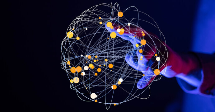 Abstract futuristic image representing connection, global network and technology interaction in human hand, ideal for business and in