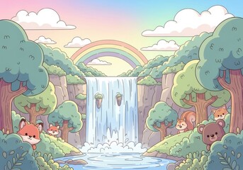 Whimsical woodland waterfall with a vibrant rainbow and cute cartoon animals playing peek-a-boo in nature