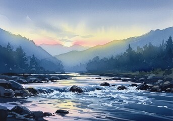 Serene mountain valley river at sunrise with misty hues and evergreen forests