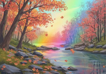 Vibrant autumn forest scene with a rainbow reflecting in a serene river