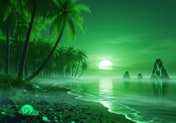 Enchanting emerald isle at dusk with palm trees and mystical glowing shells