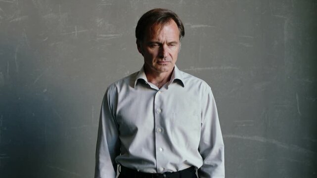 Serious man with doubtful face expression pessimistic attitude gray wall