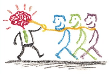 Crayon drawing of a brain controlling people, illustrating social engineering and manipulation concepts