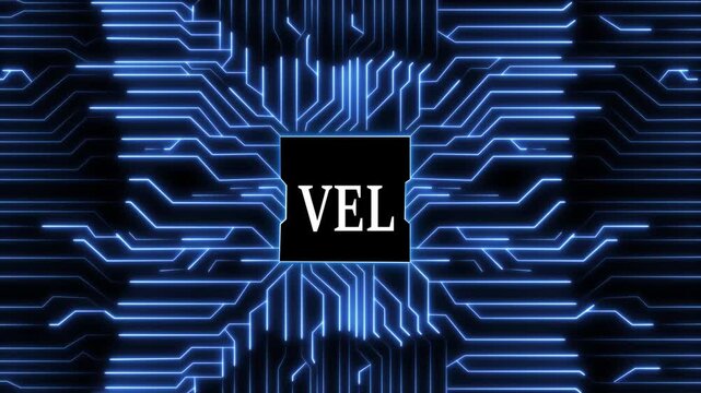 The vel logo is displayed against a backdrop of interconnected blue lines, resembling a digital circuit board, symbolizing technology, innovation, and the future of virtual environments