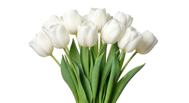 A beautiful bunch of fresh white tulips with green stems isolated on transparent background