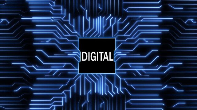 Digital technology concept featuring a glowing blue circuit board pattern with the word digital in the center, symbolizing innovation, connectivity, and advanced solutions