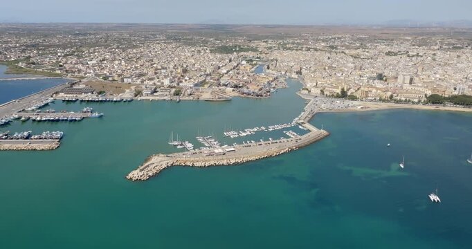 Aerial view of Mazara del Vallo, a town in the province of Trapani, Sicily, Italy. Overlooking the Mediterranean Sea at the mouth of the Mazaro River, it is an important Mediterranean fishing port.