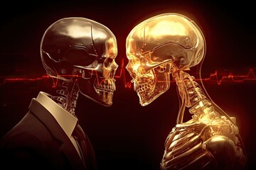 Two Metallic Skulls Facing Off with Digital Pulse - Cyber Warfare, AI Conflict, Digital Threat, Futuristic Battle