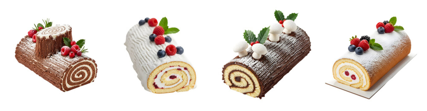 Four decorative log cakes with berries mint and powdered sugar isolate