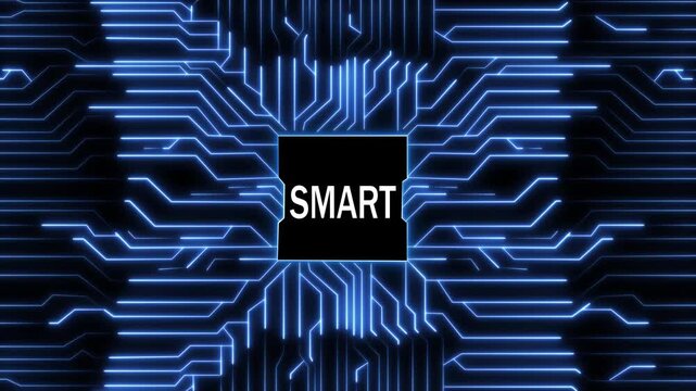 Smart technology concept featuring a glowing blue circuit board pattern with the word smart in the center, symbolizing innovation, connectivity, and advanced digital solutions