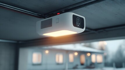 Obraz premium Clean, sharp close-up of a modern automatic garage door opener mounted on the ceiling of a well-lit and perfectly organized modern garage space.