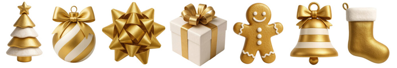 PNG Gold and White Christmas decorations, Winter Holiday element set on transparent background