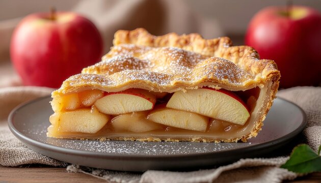 A warm slice of classic homemade apple pie with a flaky golden crust, dusted with powdered sugar and served on a rustic plate - Powered by Adobe