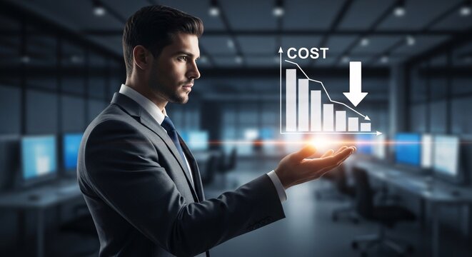 Businessman holding rising bar chart with blue arrow and COST text, concept of cost reduction strategy.