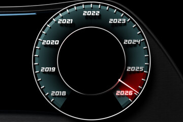 Fototapeta premium 3D illustration of a close-up black speedometer with cutoff points at 2025 and 2026. The design symbolizes the transition between years, emphasizing the countdown to the New Year and Christmas