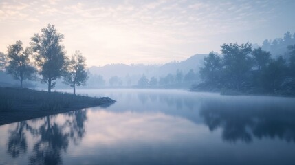 Fototapeta premium Misty lake sunrise with trees reflected in calm water.