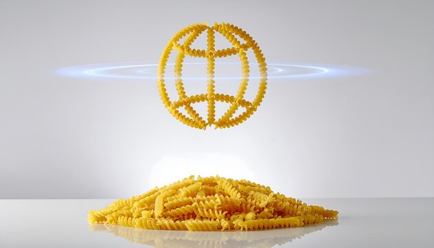 A globe made of fusilli pasta floats above a pile of pasta, symbolizing global food connection