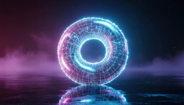 A glowing, futuristic donut represented by a geometric wireframe in a smoky, neon setting