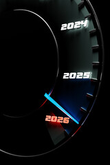 3D illustration of a close-up black speedometer with cutoff points at 2025 and 2026. The design symbolizes the transition between years, emphasizing the countdown to the new year and Christmas