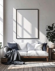 Modern living room interior with blank poster frame mockup.