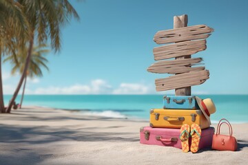 Colorful Luggage and Signpost on Tropical Beach with Blue Ocean