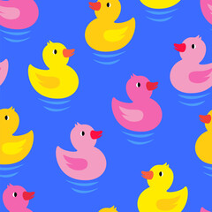 Vector seamless pattern with bright yellow and pink ducks on the water