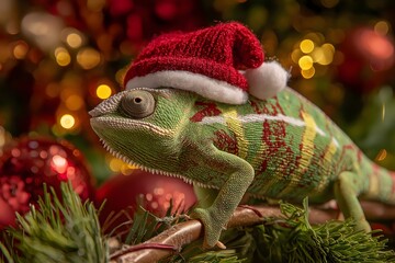 Chameleon in Christmas Hat Surrounded by Holiday Decorations