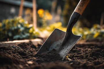 Close-Up of a Garden Shovel Digging into Dark Soil in Morning Light