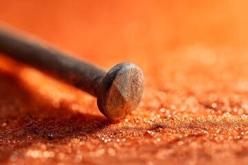 Close-Up of Rusty Nail on Glittering Orange Background