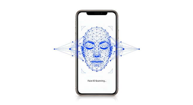 Smartphone displaying face id scanning technology for security and biometric authentication system.