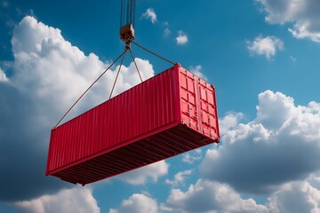 Cargo Container Lifted by Crane Against Blue Sky and Cloudscape