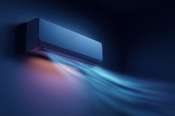 Sleek Air Conditioner with Stream of Cool Air Flowing in Dark Room
