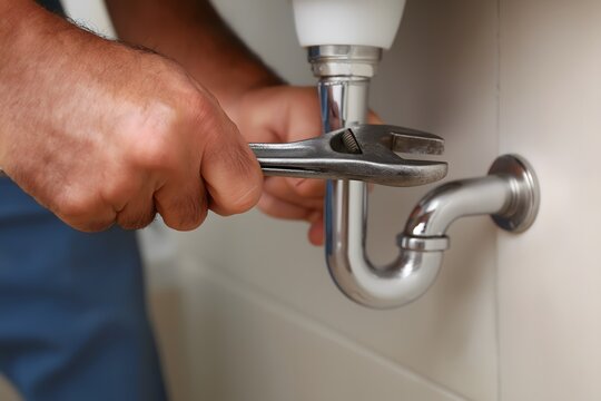 Handyman fixing plumbing under sink with adjustable wrench tool