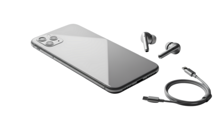 Sleek smartphone mock up with wireless earbuds and charging cable on clean surface, demonstrating connectivity and modern digital lifestyle solutions