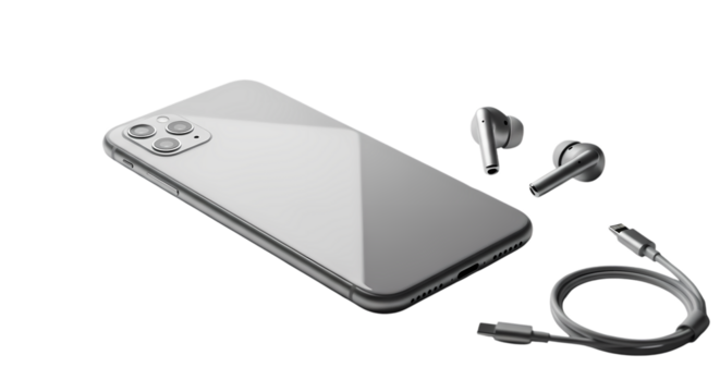 Sleek smartphone mock up with wireless earbuds and charging cable on clean surface, demonstrating connectivity and modern digital lifestyle solutions