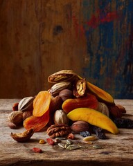 Assortment Of Dried Fruits And Nuts On Wooden Surface